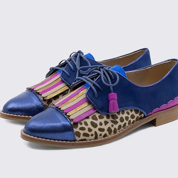 NEW Handmade Pink Blue Suede Leather Leopard Fringe Oxford Lace-Up Shoes 6 -9.5 - Picture 4 of 12